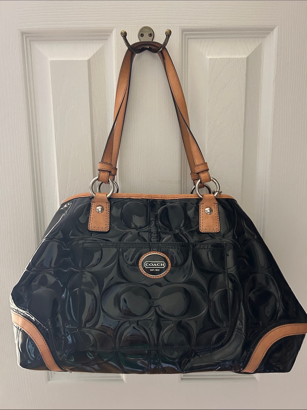 Coach Black Patent Satchel with Tan Leather Trim
